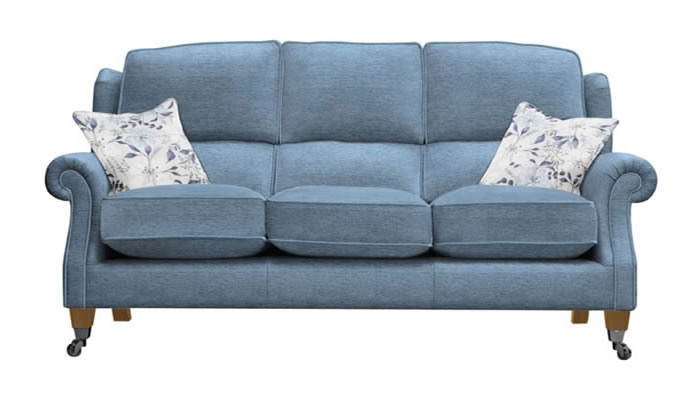 Parker Knoll Henley 3 Seater Sofa in Coniston Blue Fabric with Flora Oyster Scatters and Teak Legs
